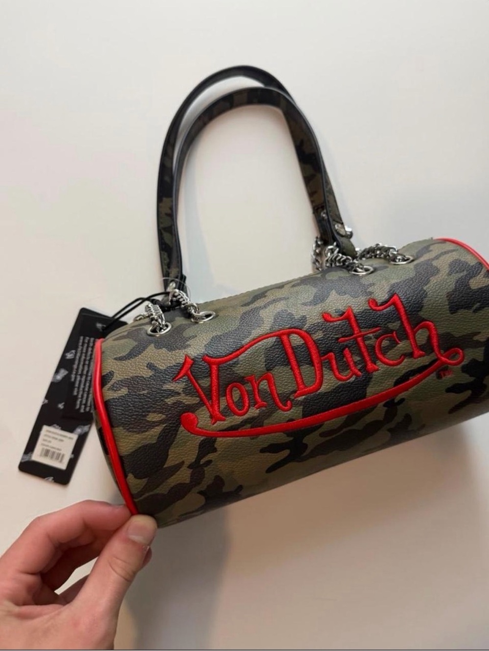Von Dutch Camo Barrel Shoulder Bag Red Script Logo Purse Y2K (NWT)